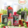 The Crochet Your Veggies Amigurumi Kit Avocado by Schiffer Publishing, Ltd. is shown with finished avocado and veggie crochets, yarn, hooks, a small carrot, spilled soil, an overturned pot, and the text “Collect the whole set!”.