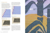 A spread from Transparency Weaving by Schiffer Publishing, Ltd. shows weaving technique diagrams on the left and a close-up of a sheer woven art textile on the right, annotated with arrows: Curved edge, Diagonal edge, and Vertical edge.