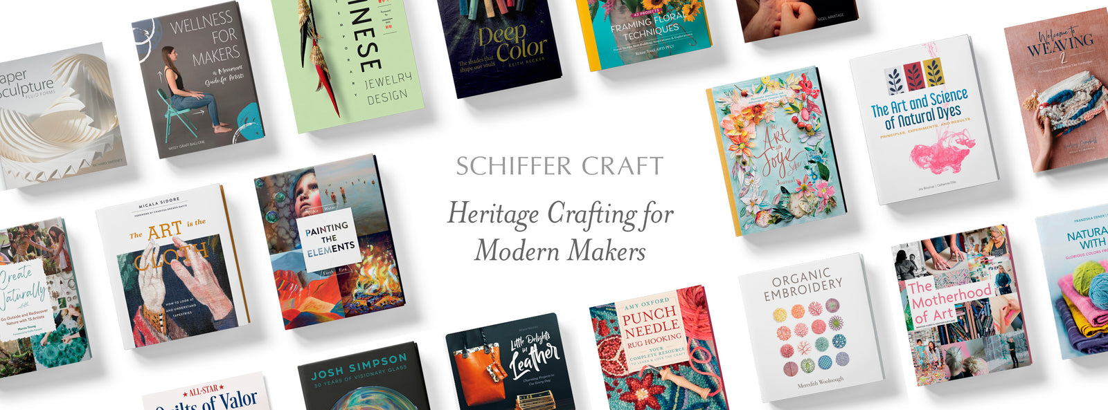 A selection of colorful crafting books is arranged on a white background with the text “Schiffer Craft: Heritage Crafting for Modern Makers” in the center. The covers display embroidery, painting, weaving, and other creative arts.