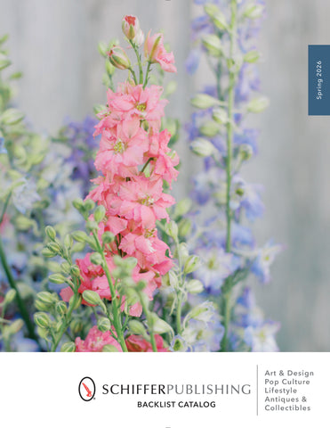 A close-up of pink and purple larkspur flowers in bloom, featured on the cover of the Schiffer Publishing Spring 2026 backlist catalog. The bottom section lists catalog categories on a white background.