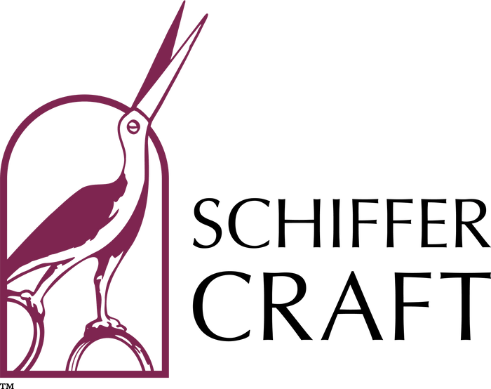 A maroon stork standing inside an arched frame, with its beak open, next to the black text SCHIFFER CRAFT on a white background.