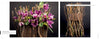 Two arrangements from "Perishable Poetics" by Schiffer Publishing, Ltd.: on the left, layered sticks with vibrant purple flowers; on the right, a tall cylindrical design of twisted branches without blossoms.