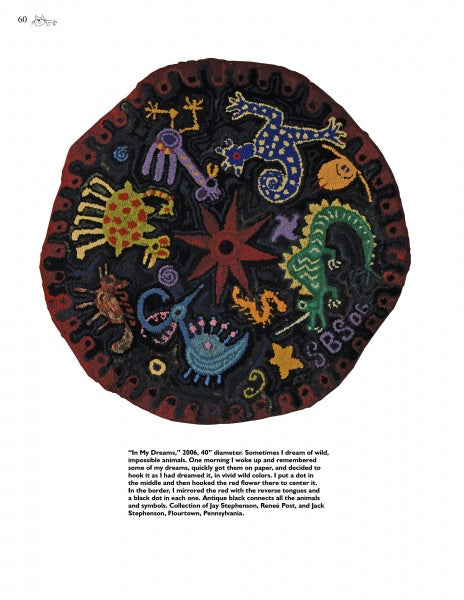 Designing & Hooking Primitive Rugs by Schiffer Publishing, Ltd. features step-by-step guidance to create round, embroidered textiles with colorful animals, abstract shapes, and a central red starburst for a playful, dreamlike look.