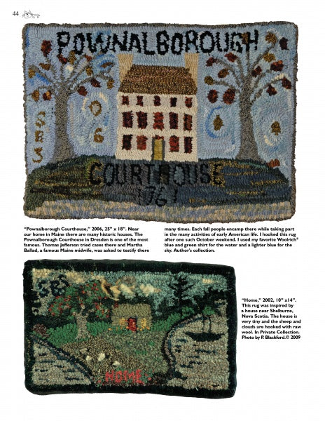 Find inspiration in "Designing & Hooking Primitive Rugs" by Schiffer Publishing, Ltd., with two folk art designs: a tan courthouse with “POWNALBOROUGH COURTHOUSE 1761” and a cozy house with “Home”—ideal for primitive rug hooking enthusiasts.