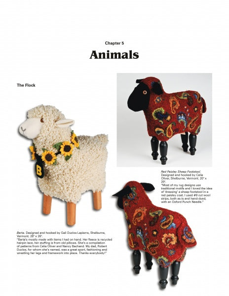 Page titled Animals presents three handmade sheep figurines inspired by fiber arts, alongside "Hooked Rugs Today IV" from Schiffer Publishing, Ltd. The left sheep is white with a yellow flower garland; the right two feature red, floral-patterned fabric.