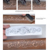 Three images from "Carving Gunstocks" by Schiffer Publishing, Ltd. show engraving a floral wood pattern: carving details with a tool, brushing off debris, and comparing progress with a paper template.