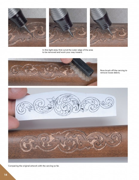 Three images from "Carving Gunstocks" by Schiffer Publishing, Ltd. show engraving a floral wood pattern: carving details with a tool, brushing off debris, and comparing progress with a paper template.