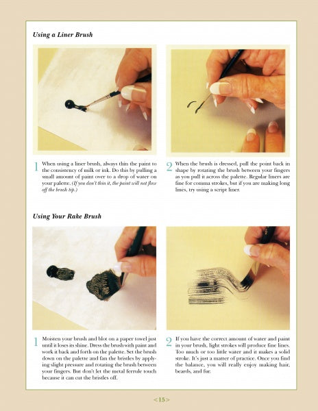 A step-by-step photo guide in Schiffer Publishing, Ltd.’s "Holiday Fun" shows how to use a liner and rake brush with black paint—ideal for painting gourds or adding detail to Christmas ornaments.