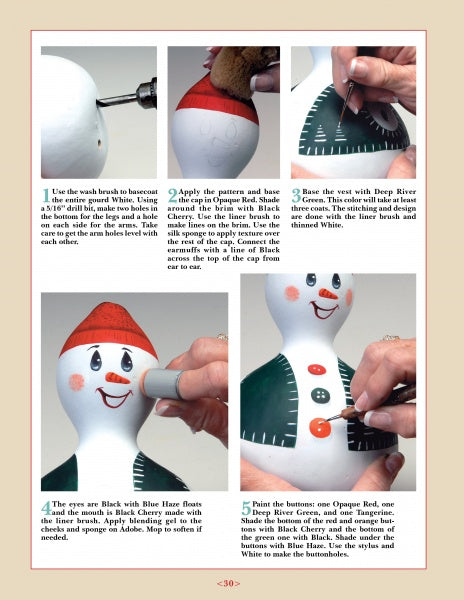 The "Holiday Fun" guide by Schiffer Publishing, Ltd. offers step-by-step photo instructions for painting a smiling snowman ornament with a red hat, orange nose, green scarf, and buttons—ideal for festive decorating or creating unique Christmas ornaments.
