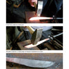 Three images from "Basic Knife Making" by Schiffer Publishing, Ltd. show bladesmithing stages: hammering hot metal, shaping the blade edge, and displaying a rough, unfinished knife after forging.