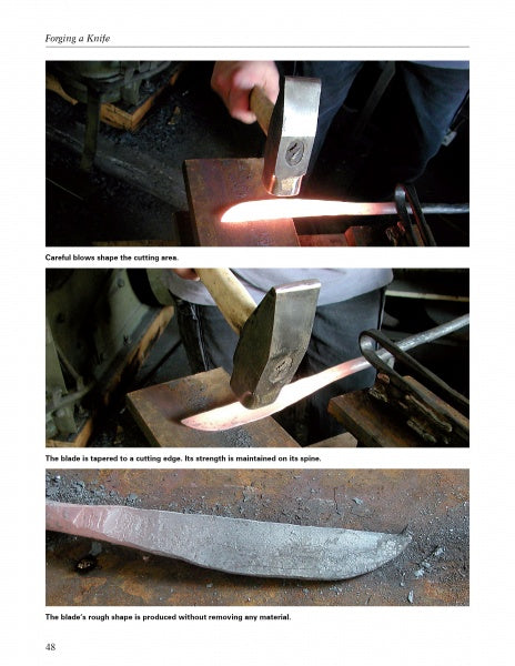 Three images from "Basic Knife Making" by Schiffer Publishing, Ltd. show bladesmithing stages: hammering hot metal, shaping the blade edge, and displaying a rough, unfinished knife after forging.
