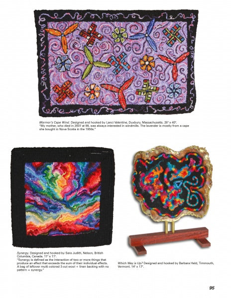 Hooked Rugs Today IV by Schiffer Publishing, Ltd. features three fiber art pieces: a rectangular dragonfly rug, a square with vibrant swirls, and an irregular wavy design on a wooden stand.