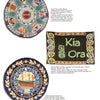 Three colorful embroidered patches inspired by fiber arts, featured in "Hooked Rugs Today IV" by Schiffer Publishing, Ltd., are shown on a white background: two circular and one rectangular, each with unique designs and text.