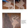Three images from "Carving Gunstocks" by Schiffer Publishing, Ltd. show sanding a stag head carving, detailing fur, and cleaning dust to reveal patterns on a rifle stock, each with step-by-step text. Page 35 is shown at the bottom right.