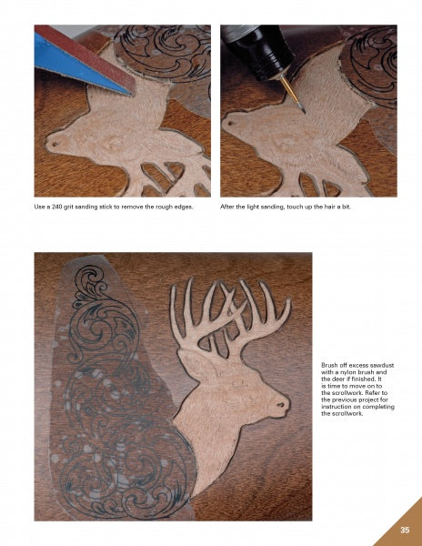 Three images from "Carving Gunstocks" by Schiffer Publishing, Ltd. show sanding a stag head carving, detailing fur, and cleaning dust to reveal patterns on a rifle stock, each with step-by-step text. Page 35 is shown at the bottom right.