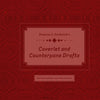 A textured red book cover features the title "Frances L. Goodrich’s Coverlet and Counterpane Drafts" from Schiffer Publishing, highlighting Appalachian weaving drafts. Barbara Miller and Deb Schillo are listed at the bottom.