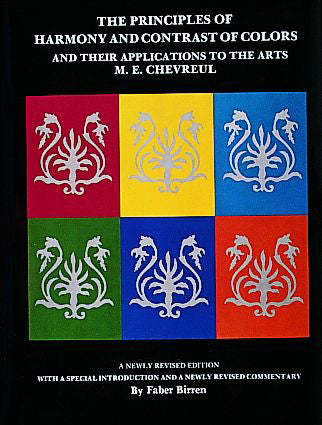 The PRINCIPLES OF HARMONY book from Schiffer Publishing features six colorful squares inspired by Chevreul color theory, each with a white ornamental pattern on the cover.