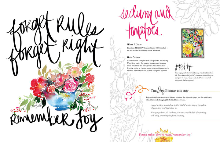 The Art for Joy’s Sake Journal by Schiffer Publishing, Ltd. features Kristy Rice’s vibrant floral art and the phrase “forget rules, forget right, remember joy,” alongside watercolor pages of sedum, tomatoes, and more for joyful inspiration.